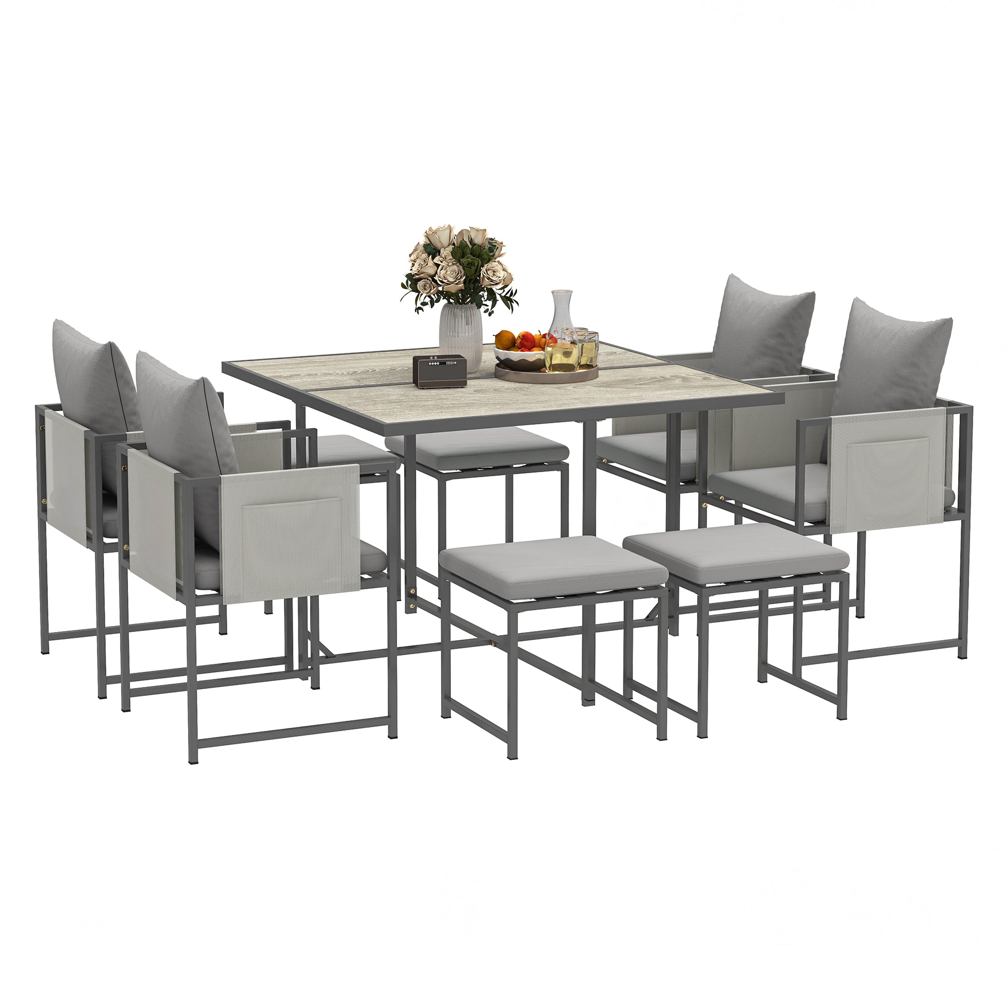 foto del prodotto set da giardino 9 pezzi tavolo da pranzo 4 sedie e 4 sgabelli grigio