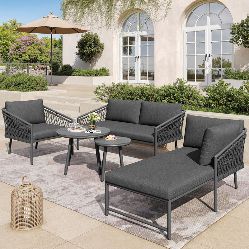 foto del prodotto set da giardino a 4 posti in corda intrecciata a mano, moderno set di divani da esterno, per balcone, piscina, terrazza, grigio