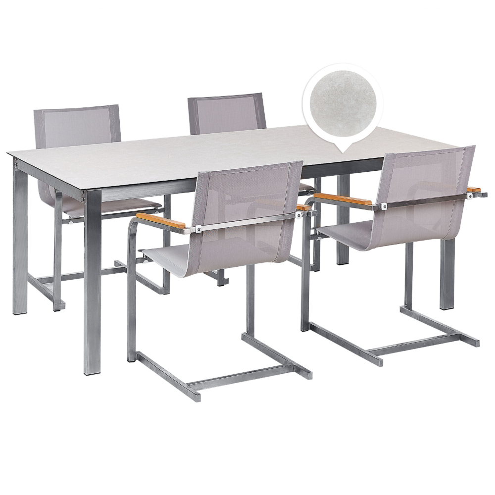 foto del prodotto set da giardino con 4 posti in acciaio inox con tavolo piano in vetro e sedie in tessuto bianco esterno moderno