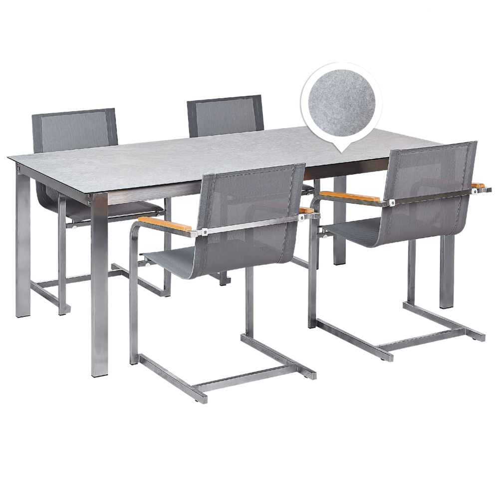 foto del prodotto set da giardino con 4 posti in acciaio inox con tavolo piano in vetro e sedie in tessuto grigio esterno moderno set elegante