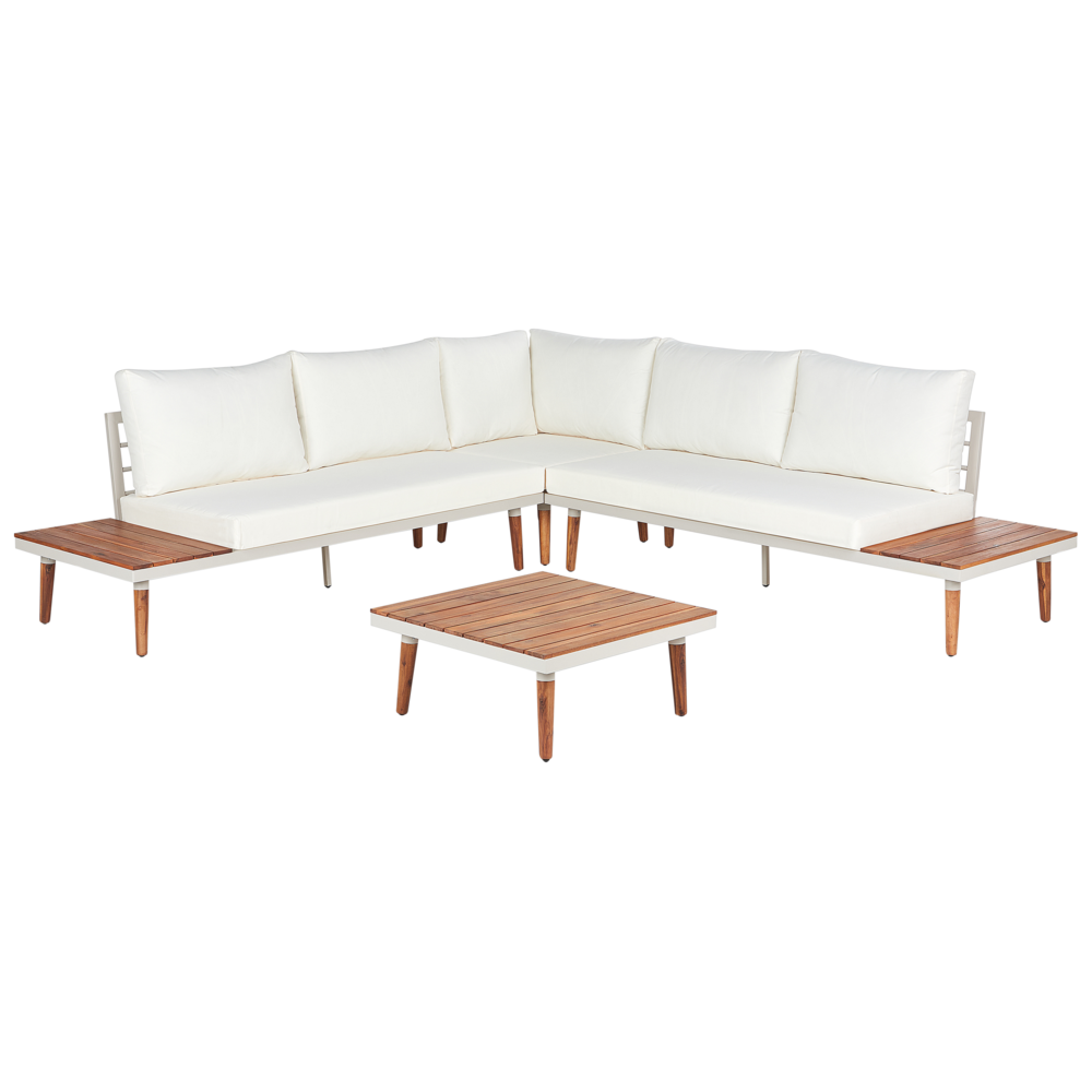 foto del prodotto set da giardino con divano angolare a 5 posti tavolino in legno d 39 acacia e cuscini bianco sporco esterno stile moderno