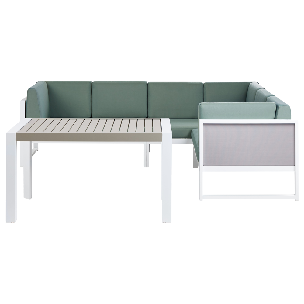 foto del prodotto set da giardino con tavolino in alluminio bianco con cuscini verdi esterno stile moderno