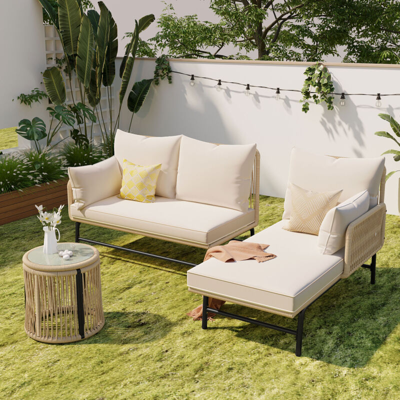 foto del prodotto set da giardino da 3 4 posti con struttura in ferro corda intrecciata per esterni tavolo, set da conversazione a l, beige