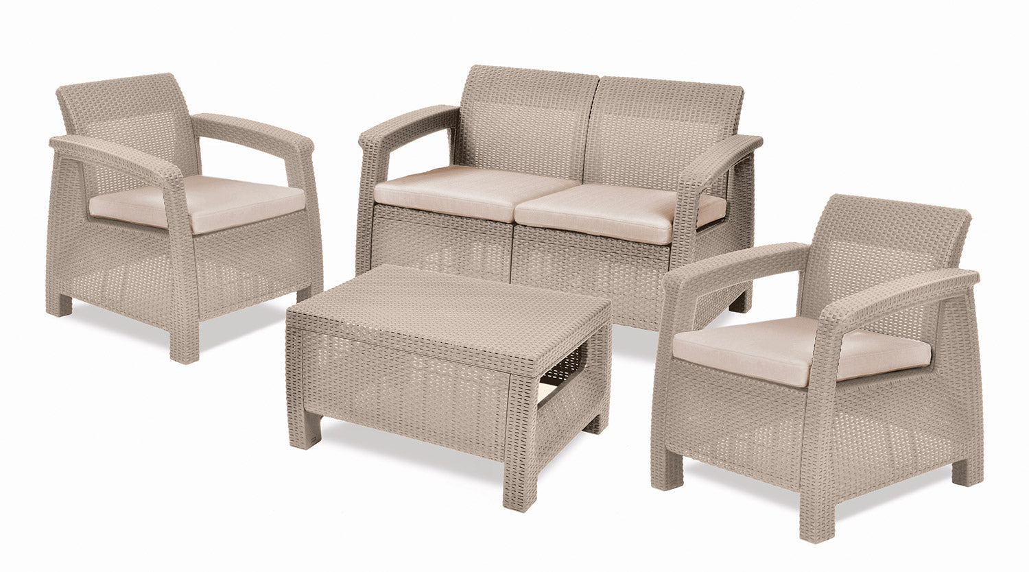 foto del prodotto set da giardino divano 2 poltrone e tavolino keter corfù cappuccino