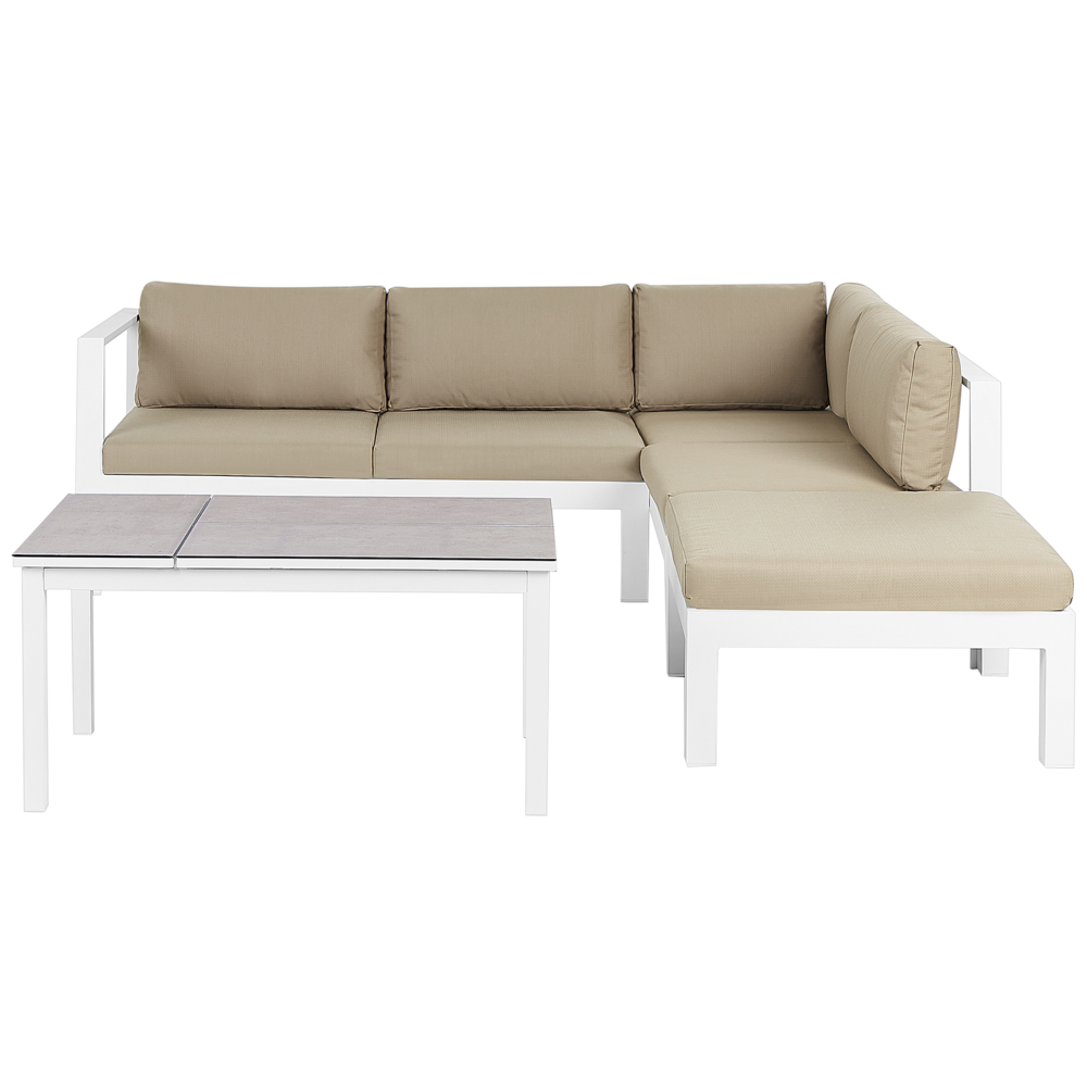 foto del prodotto set da giardino divano 5 posti e tavolo elevabile con struttura bianca e piano in vetro e cuscini beige stile moderno scandinavo