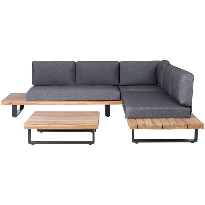 foto del prodotto set da giardino divano angolare 5 posti grigio e legno chiaro e tavolino mykonos