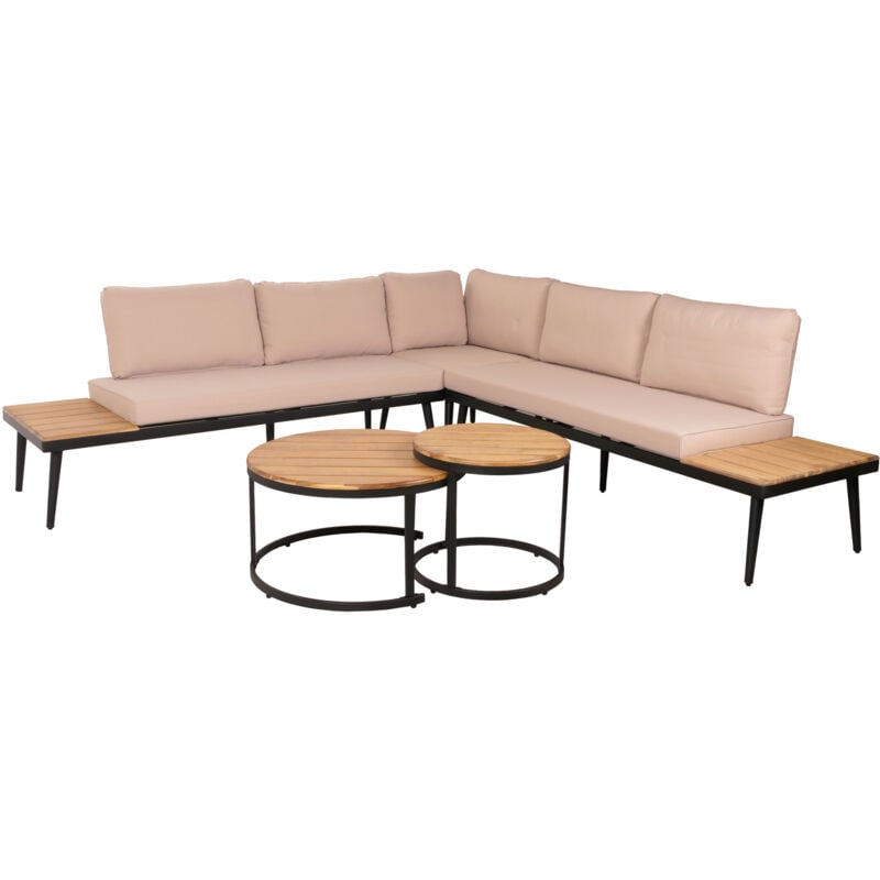 foto del prodotto set da giardino hhg 215c, salotto con 2x tavolini legno acacia massello acciaio, marrone chiaro, cuscini beige