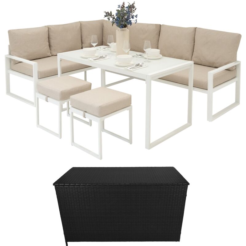 foto del prodotto set da giardino in alluminio bianco con cassapanca in rattan nera divano angolare 7 posti tavolo da pranzo 2 sgabelli cuscini baule 582l con