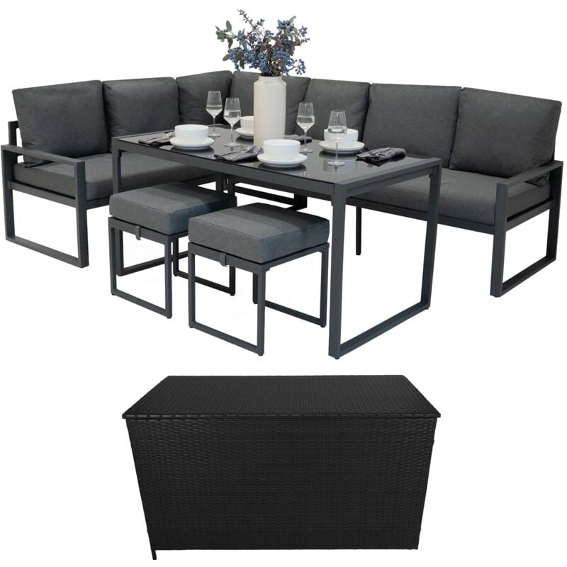 foto del prodotto set da giardino in alluminio grigio antracite con cassapanca in rattan nera divano angolare 7 posti, tavolo da pranzo, 2 sgabelli, cuscini, baule