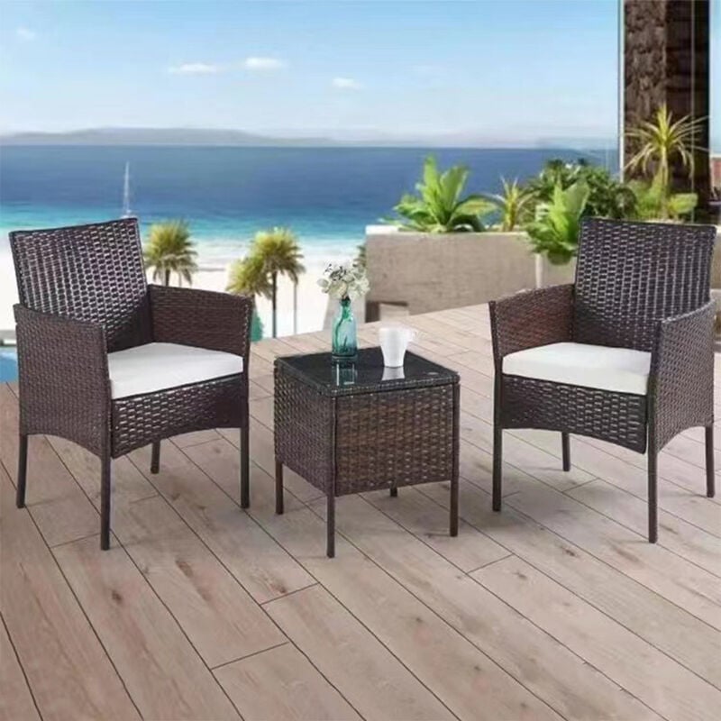 foto del prodotto set da giardino marrone 2 poltrone tavolino rattan x esterno con cuscini beige