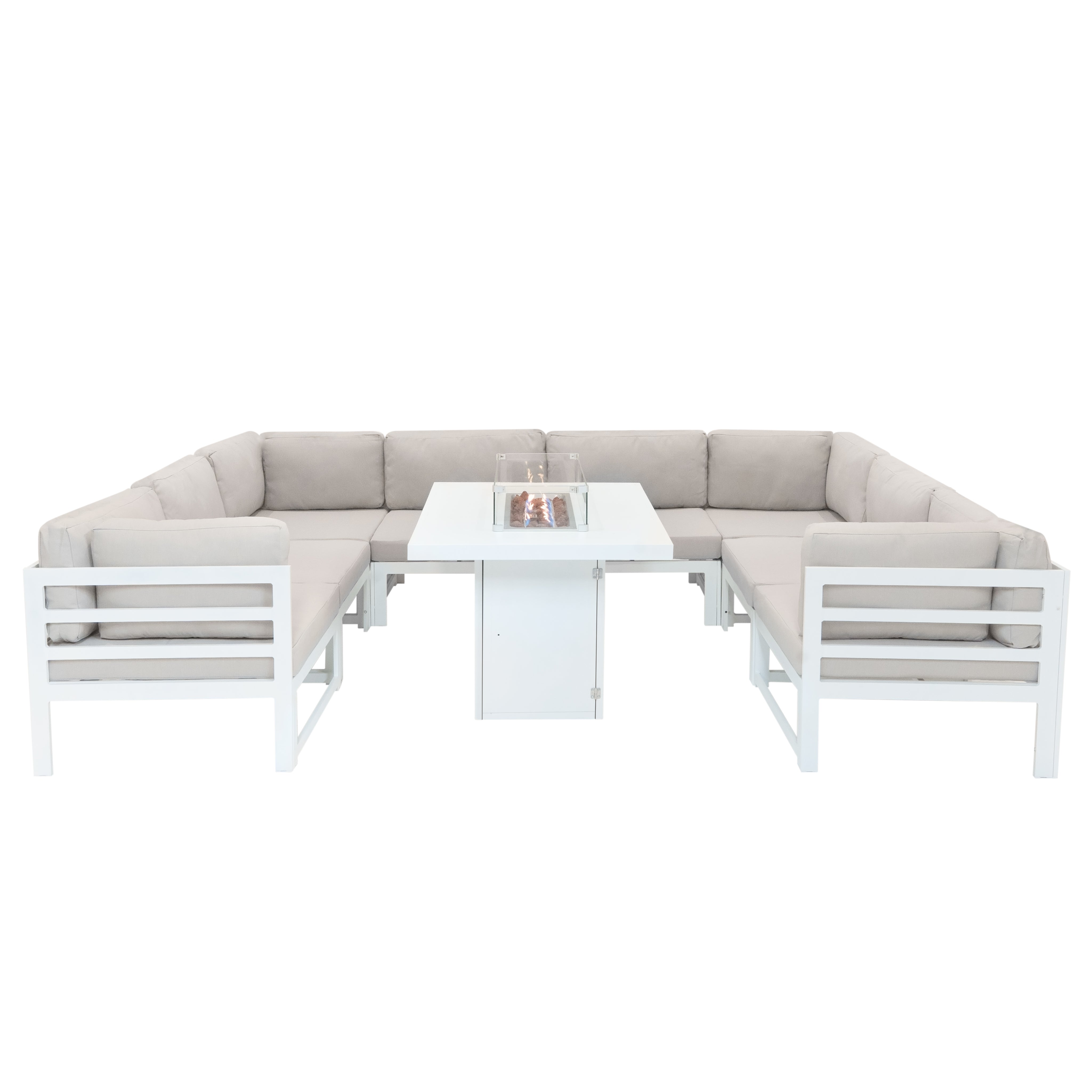 foto del prodotto set da giardino modulabile bianco 9 pezzi con divano, tavolo e braciere da esterno