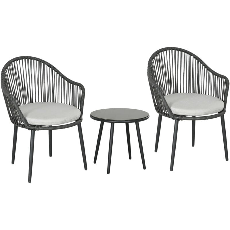 foto del prodotto set da giardino rattan 2 sedie con cuscini e tavolino in vetro grigio outsunny