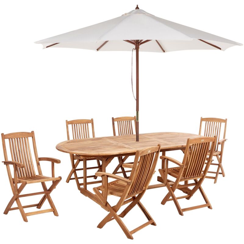 foto del prodotto set da giardino tavolo in legno di acacia chiaro 6 sedie pieghevoli e ombrellone maui