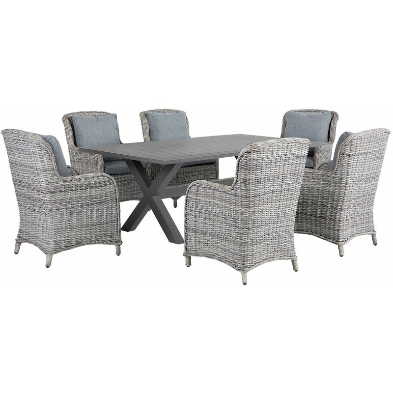 foto del prodotto set da giardino tavolo in rattan grigio pe e 6 sedie con cuscini grigi cascais