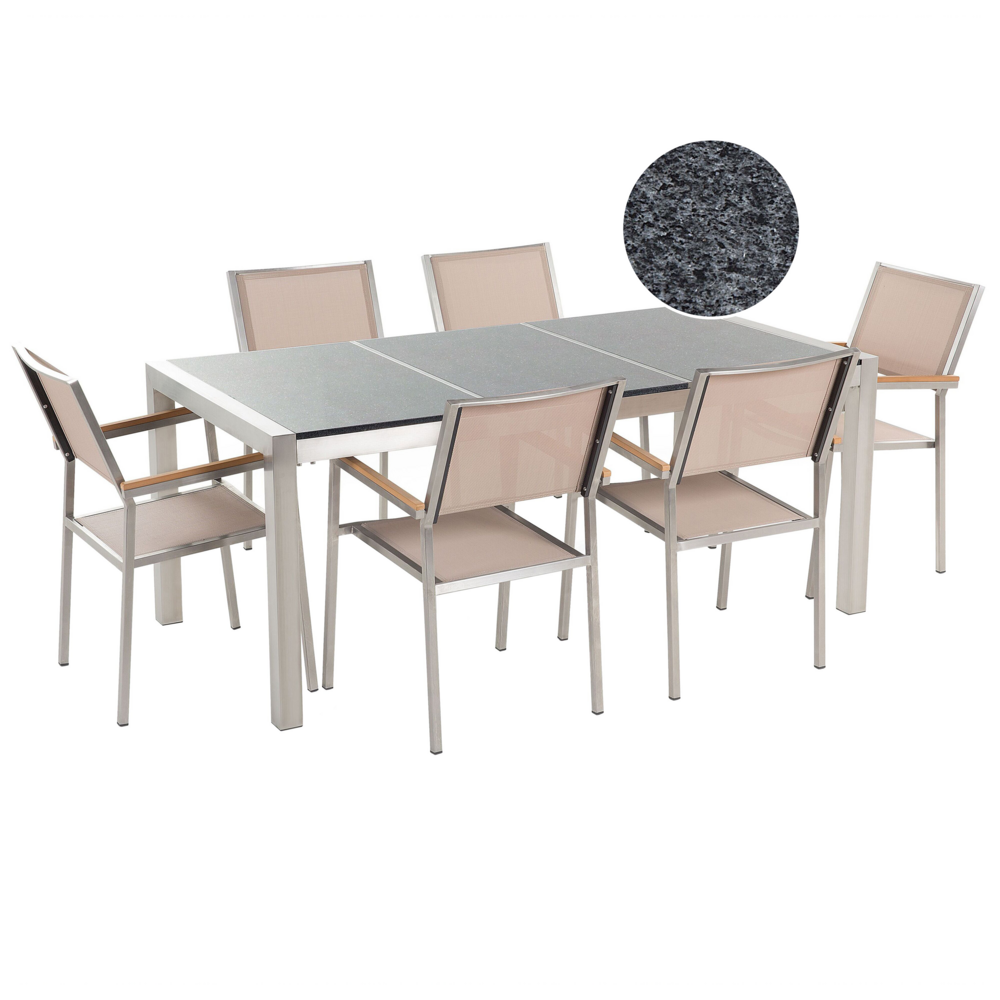 foto del prodotto set da giardino tavolo piano granito grigio 6 sedie beige 180 x 90 cm