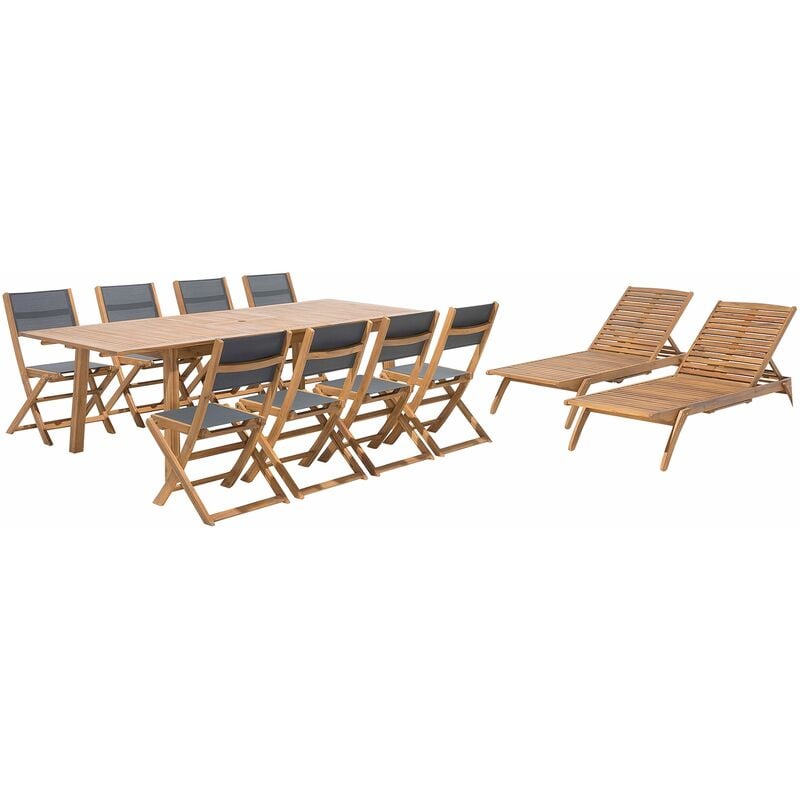 foto del prodotto set da giardino tavolo rettangolare legno acacia chiaro 8 sedie 2 lettini cesana