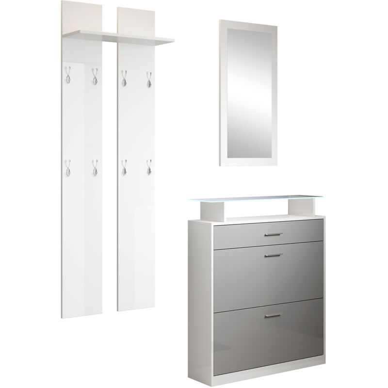 foto del prodotto set da ingresso con specchio e attaccapanni mobile da ingresso scarpiera ingresso 3 cassetti e led modello paola bianco e grigio lucido