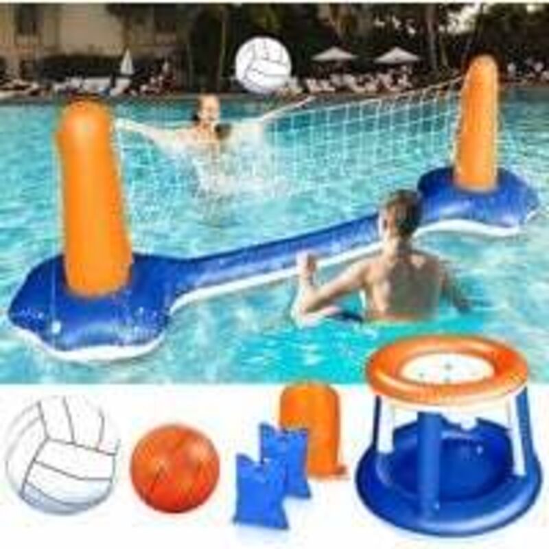 foto del prodotto set da pallavolo gonfiabile giocattolo gonfiabile da piscina per pallavolo con canestro da basket, rete da pallavolo, due palle, gioco di nuoto per