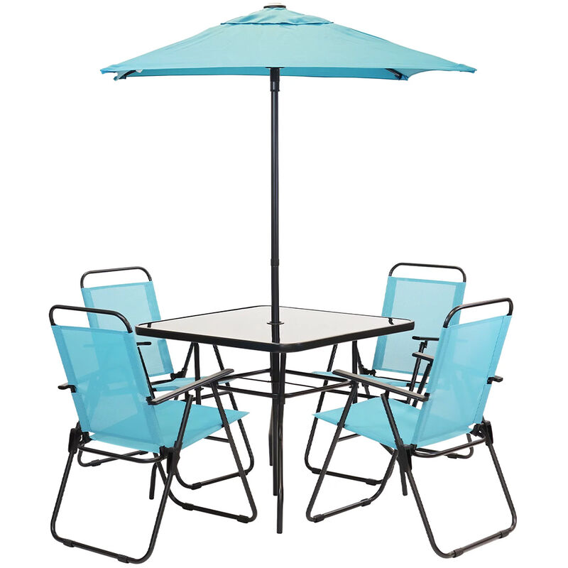 foto del prodotto set da pranzo 6 pezzi per giardino con ombrellone e 4 sedie pieghevoli celeste