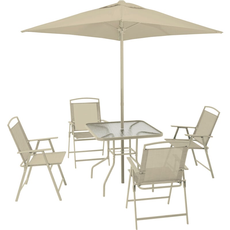 foto del prodotto set da pranzo 6 pezzi per giardino patio con ombrellone 4 sedie pieghevoli sabbia