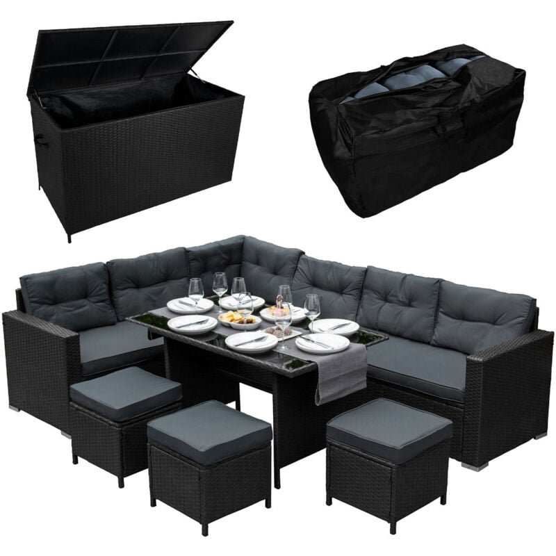 foto del prodotto set da pranzo ad angolo in rattan e box da giardino nero 9 posti a sedere divano sgabelli tavolo in vetro ampia cassapanca 582l telaio in acciaio