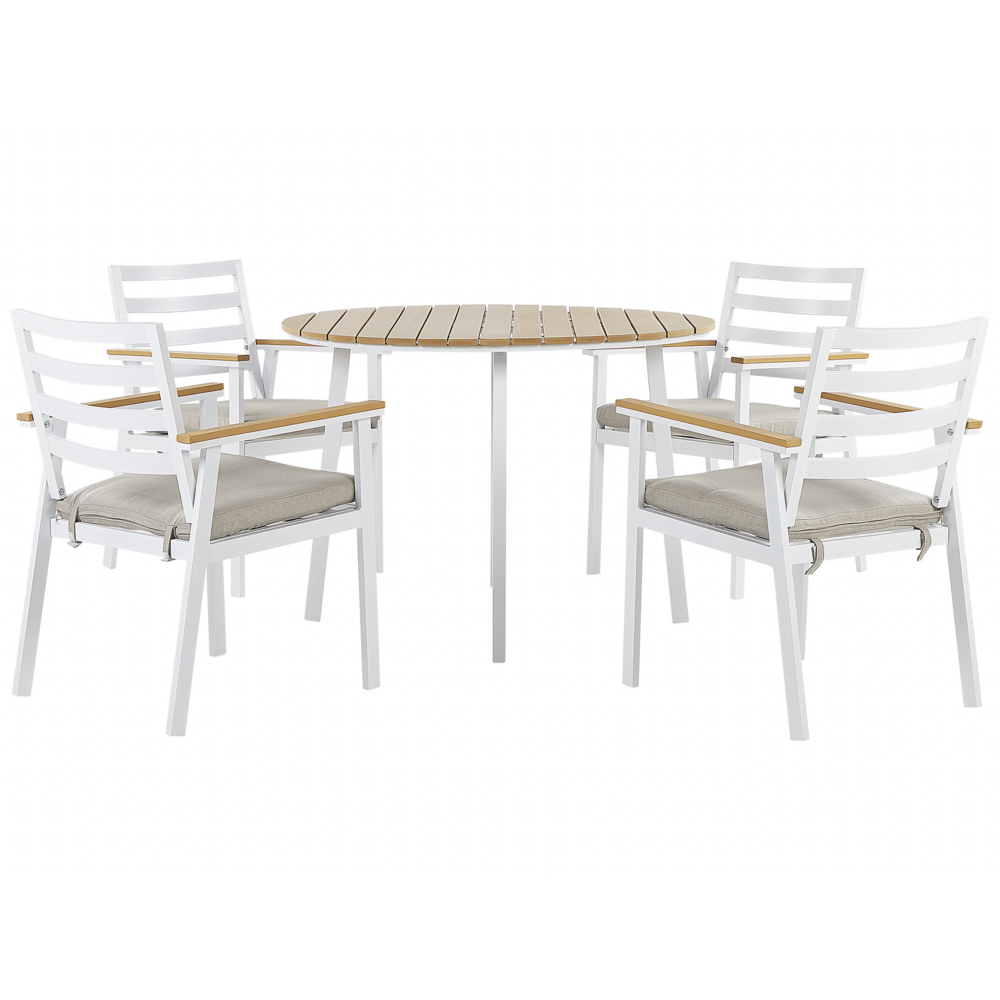 foto del prodotto set da pranzo all 39 aperto tavolo rotondo a 4 posti in alluminio bianco da 105 cm sedie a doghe con imbottiture per sedile beige