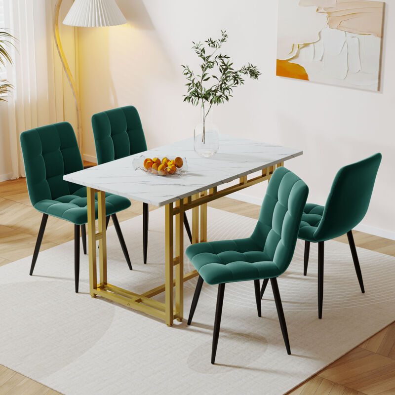 foto del prodotto set da pranzo bianco da 120 x 70 cm con 4 sedie in velluto verde scuro. tavolo con gambe in ferro dorato