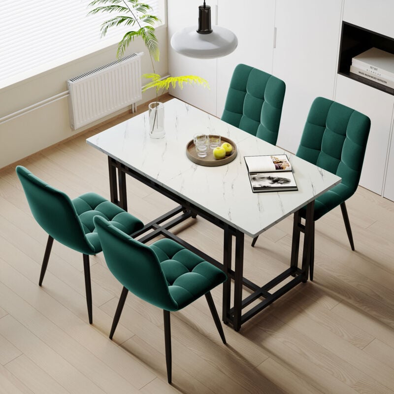 foto del prodotto set da pranzo bianco da 120 x 70 cm con 4 sedie in velluto verde scuro. tavolo con gambe in ferro nero