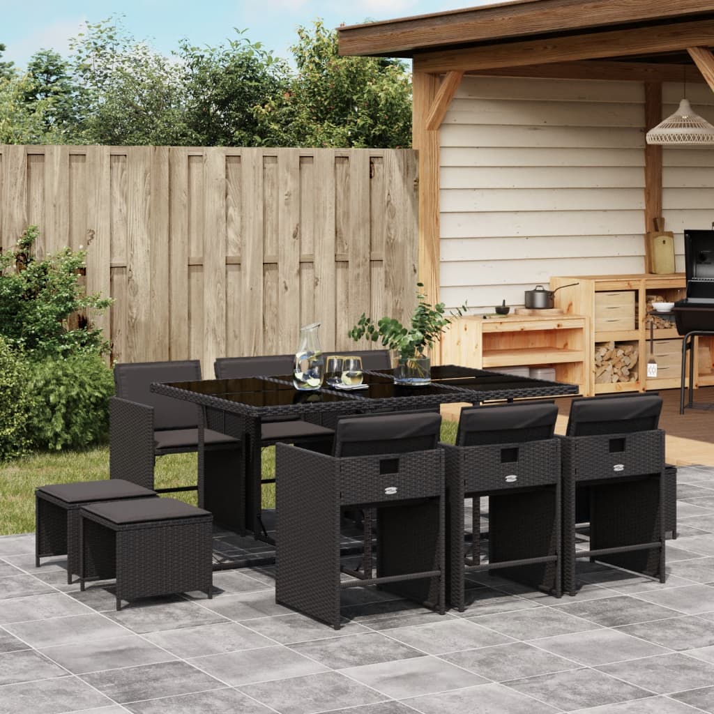 foto del prodotto set da pranzo da giardino 11 pz con cuscini in polyrattan nero