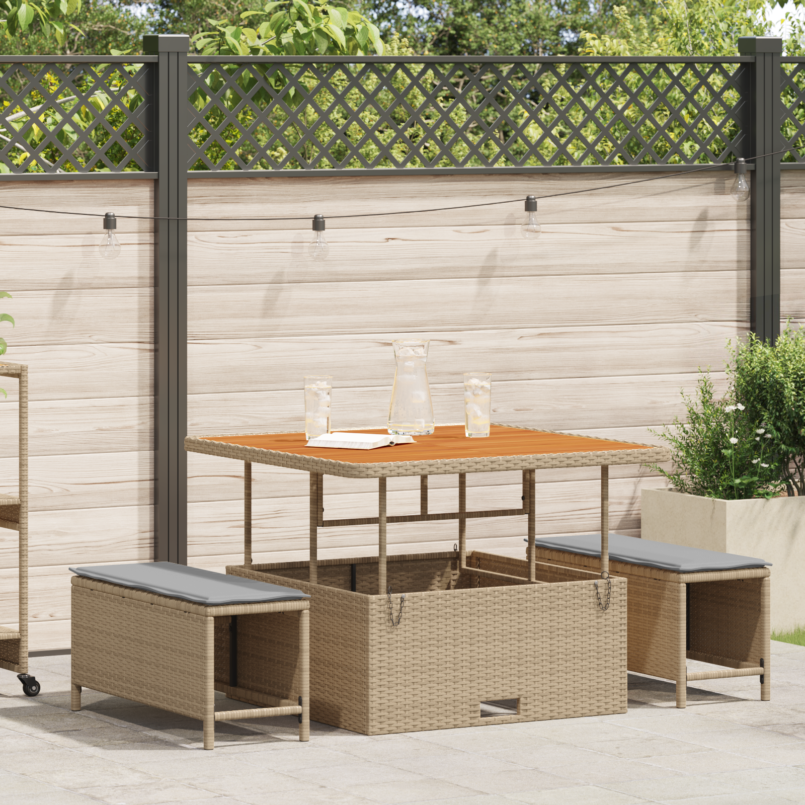 foto del prodotto set da pranzo da giardino 3 pezzi con cuscini beige in rattan sintetico e acacia