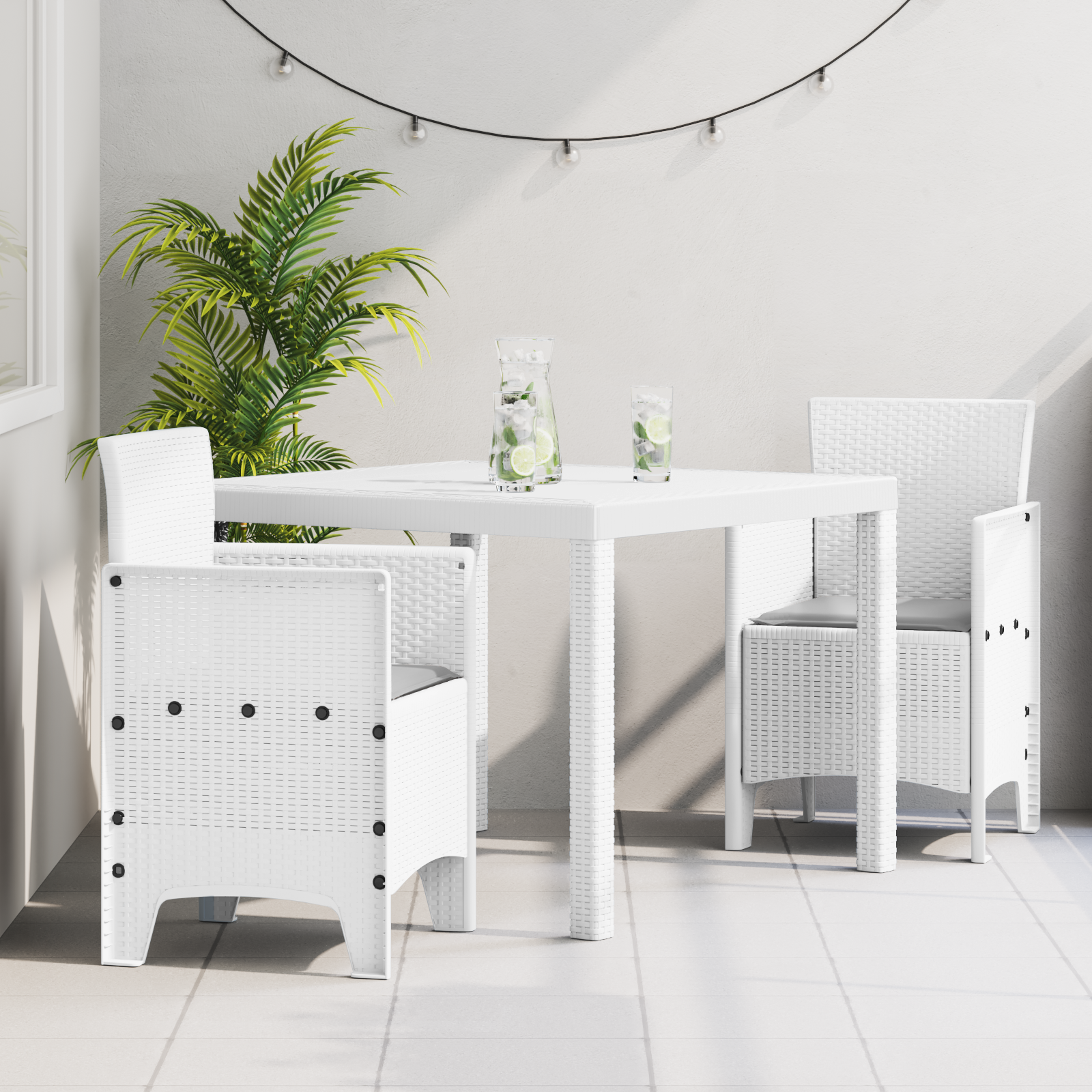 foto del prodotto set da pranzo da giardino 3 pezzi con cuscini bianco rattan plastico