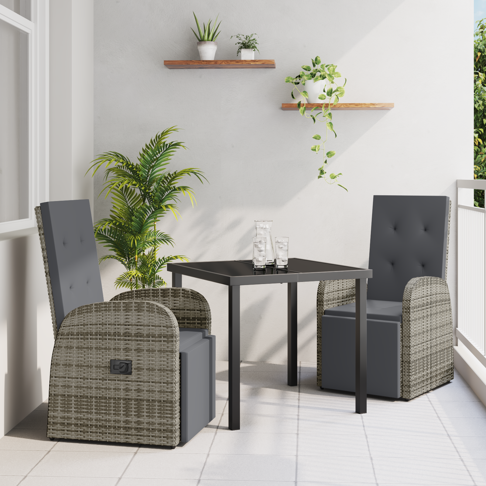 foto del prodotto set da pranzo da giardino 3 pezzi con cuscini grigio in polyrattan