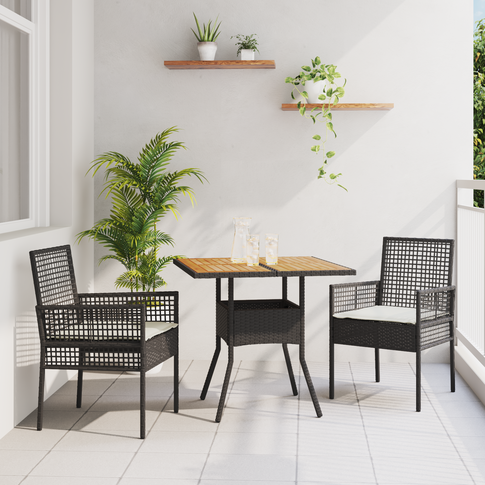 foto del prodotto set da pranzo da giardino 3 pezzi con cuscini nero polyrattan
