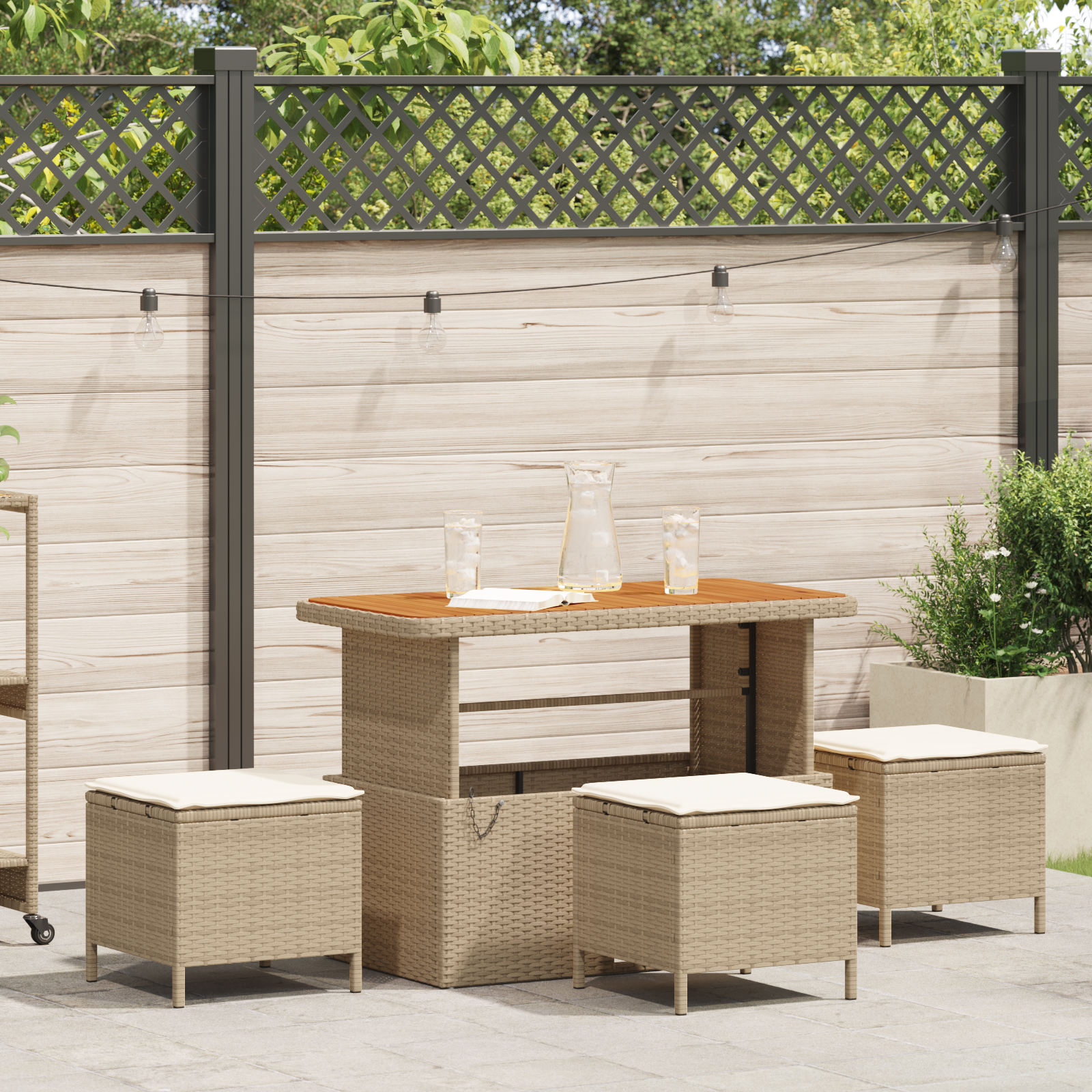 foto del prodotto set da pranzo da giardino 4 pezzi con cuscini beige in rattan sintetico e acacia