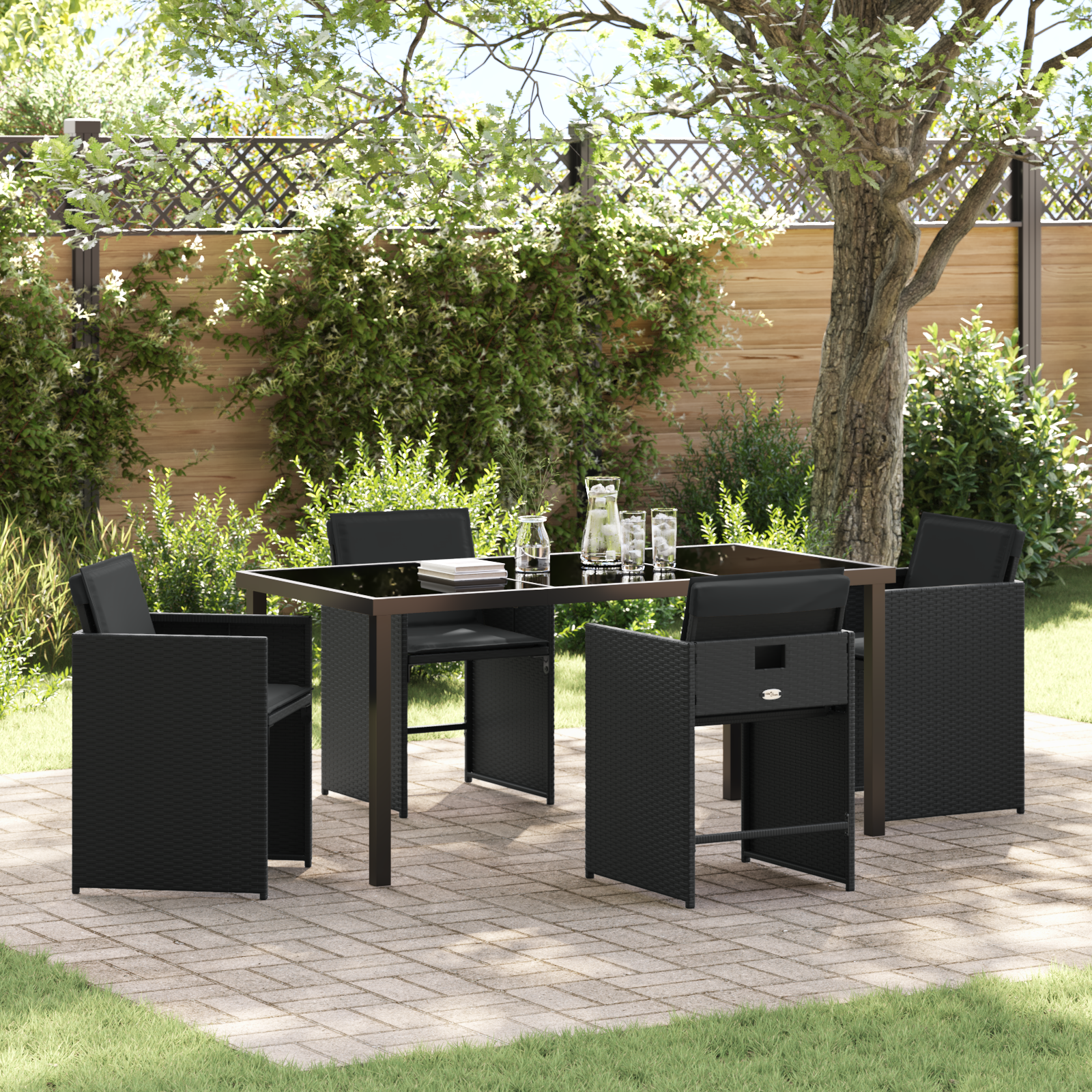 foto del prodotto set da pranzo da giardino 5 pezzi con cuscini nero polyrattan