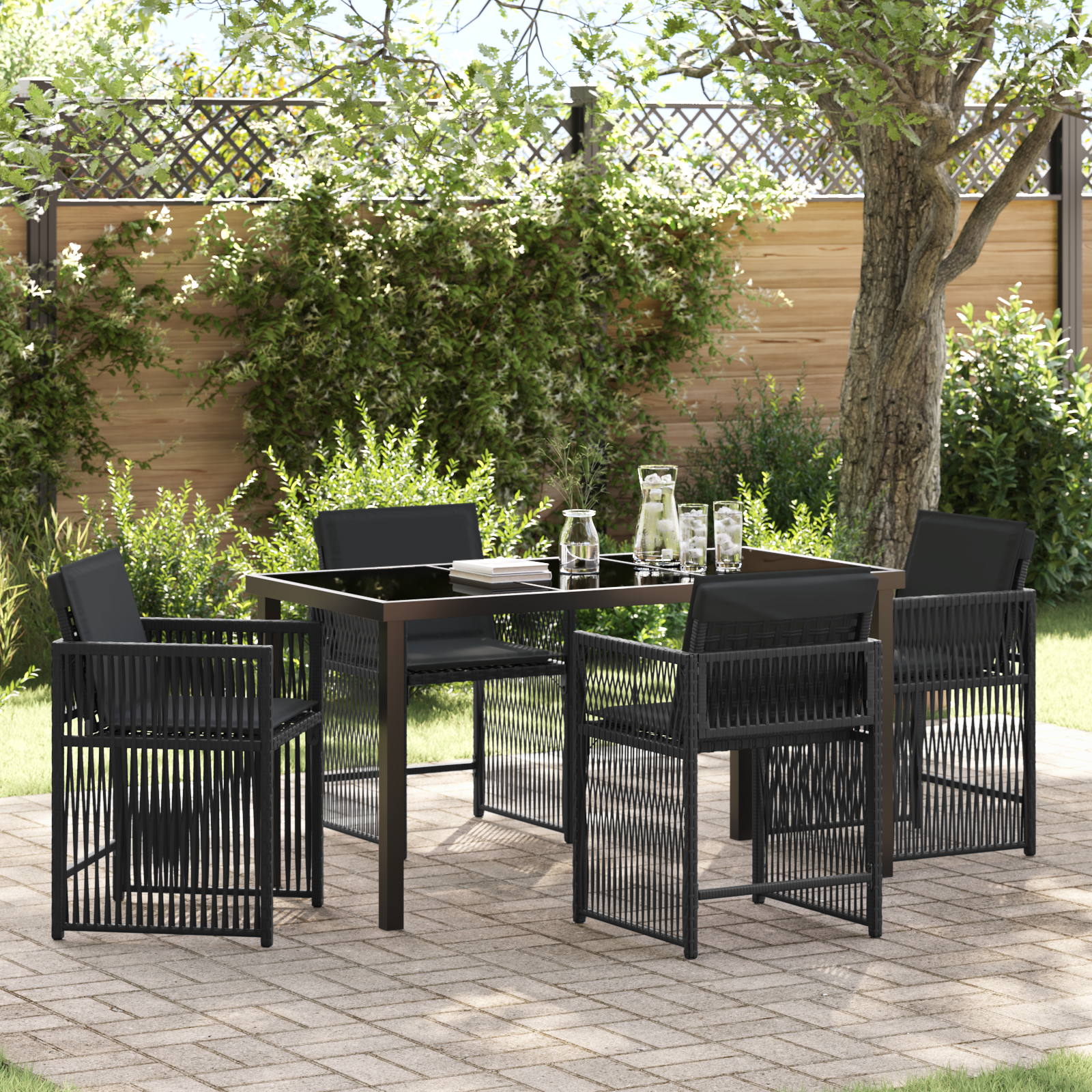 foto del prodotto set da pranzo da giardino 5 pezzi con cuscini nero polyrattan