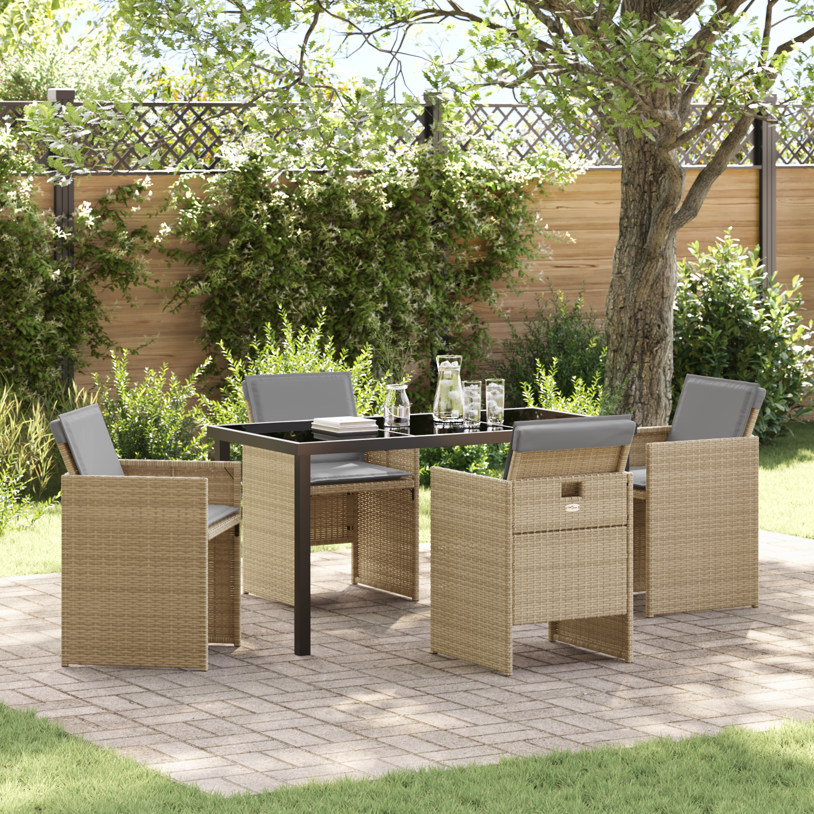 foto del prodotto set da pranzo da giardino 5 pezzi con cuscini polyrattan beige