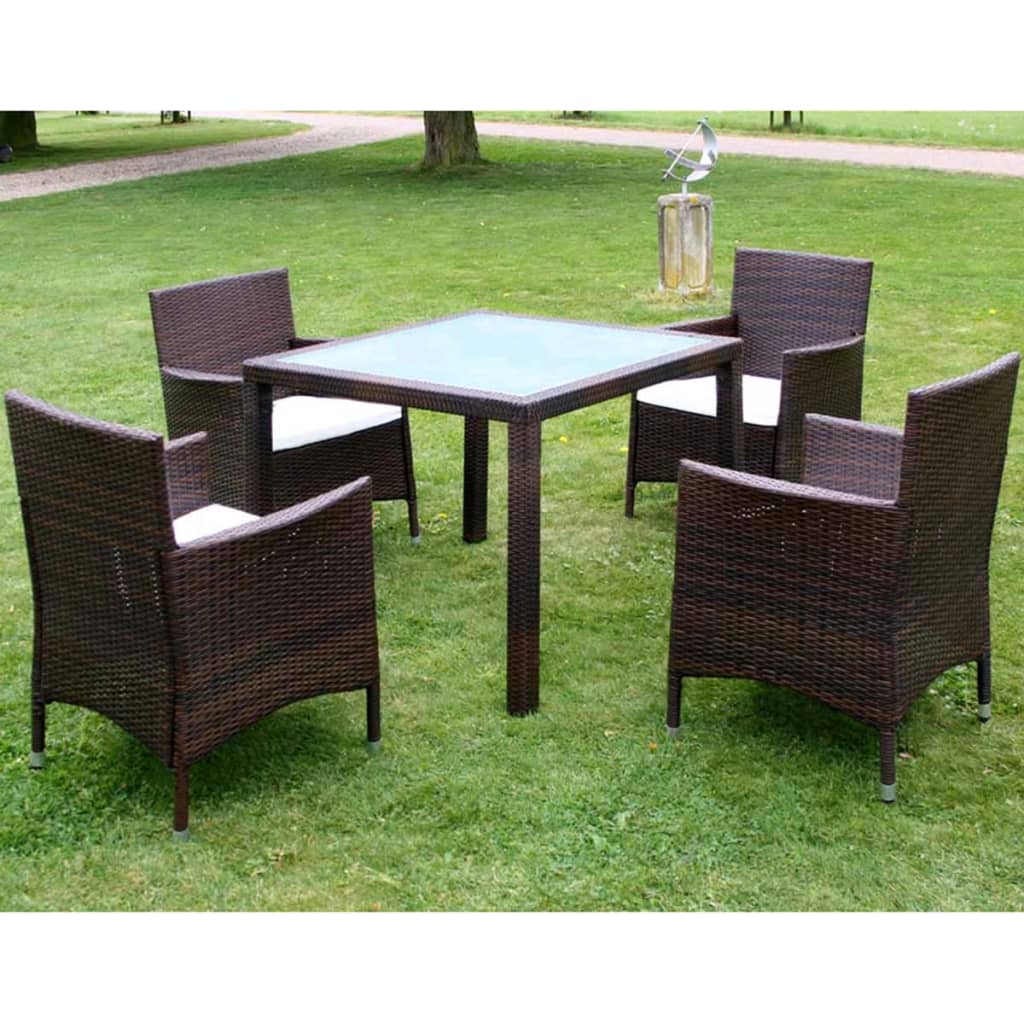 foto del prodotto set da pranzo da giardino 5 pz con cuscini polyrattan marrone cod mxl 35255