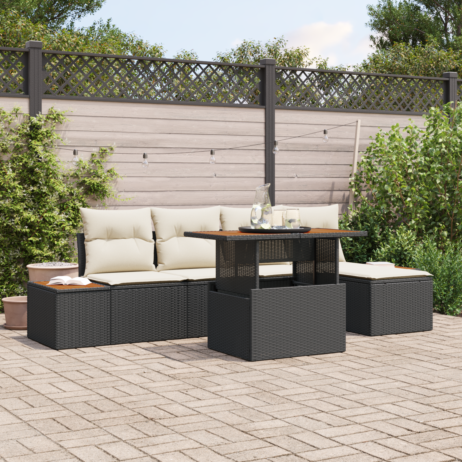 foto del prodotto set da pranzo da giardino 6 pezzi con cuscini in polyrattan nero e acacia