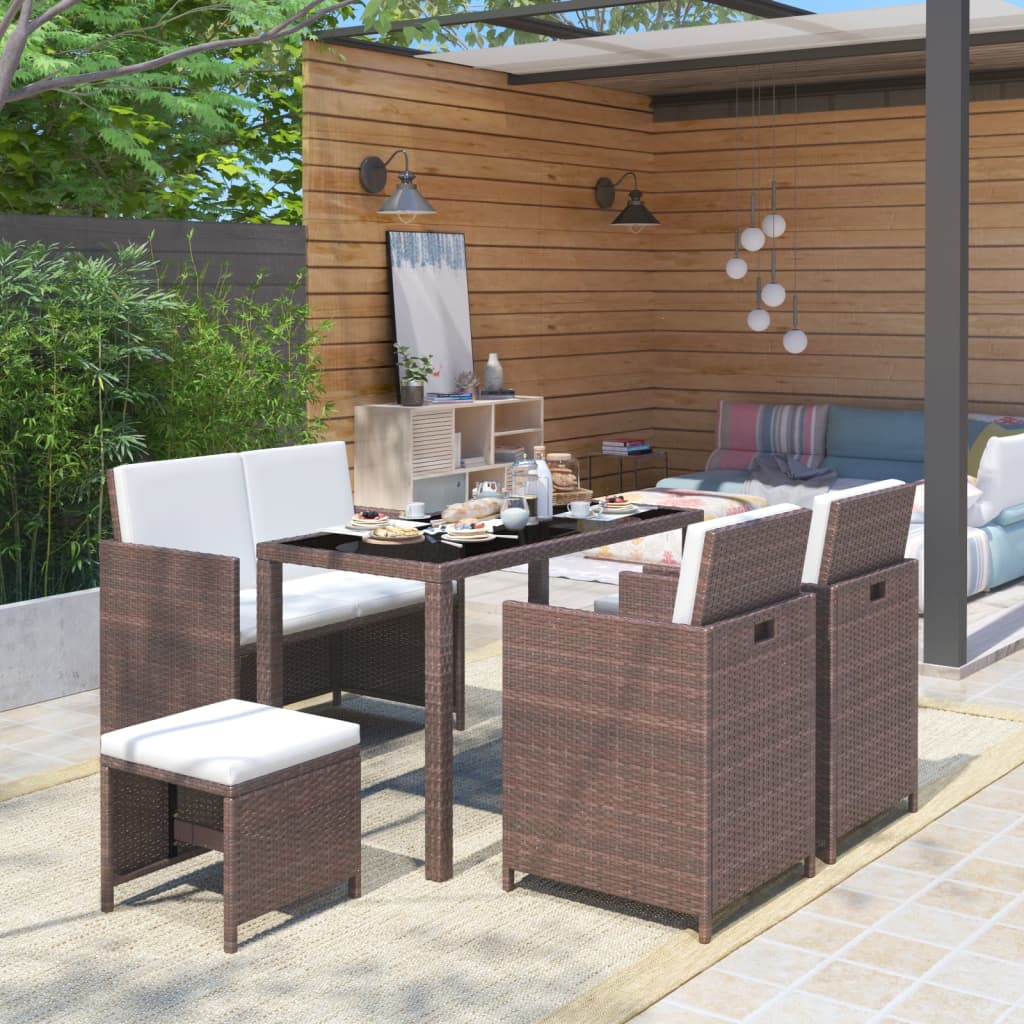 foto del prodotto set da pranzo da giardino 6 pz con cuscini polyrattan marrone