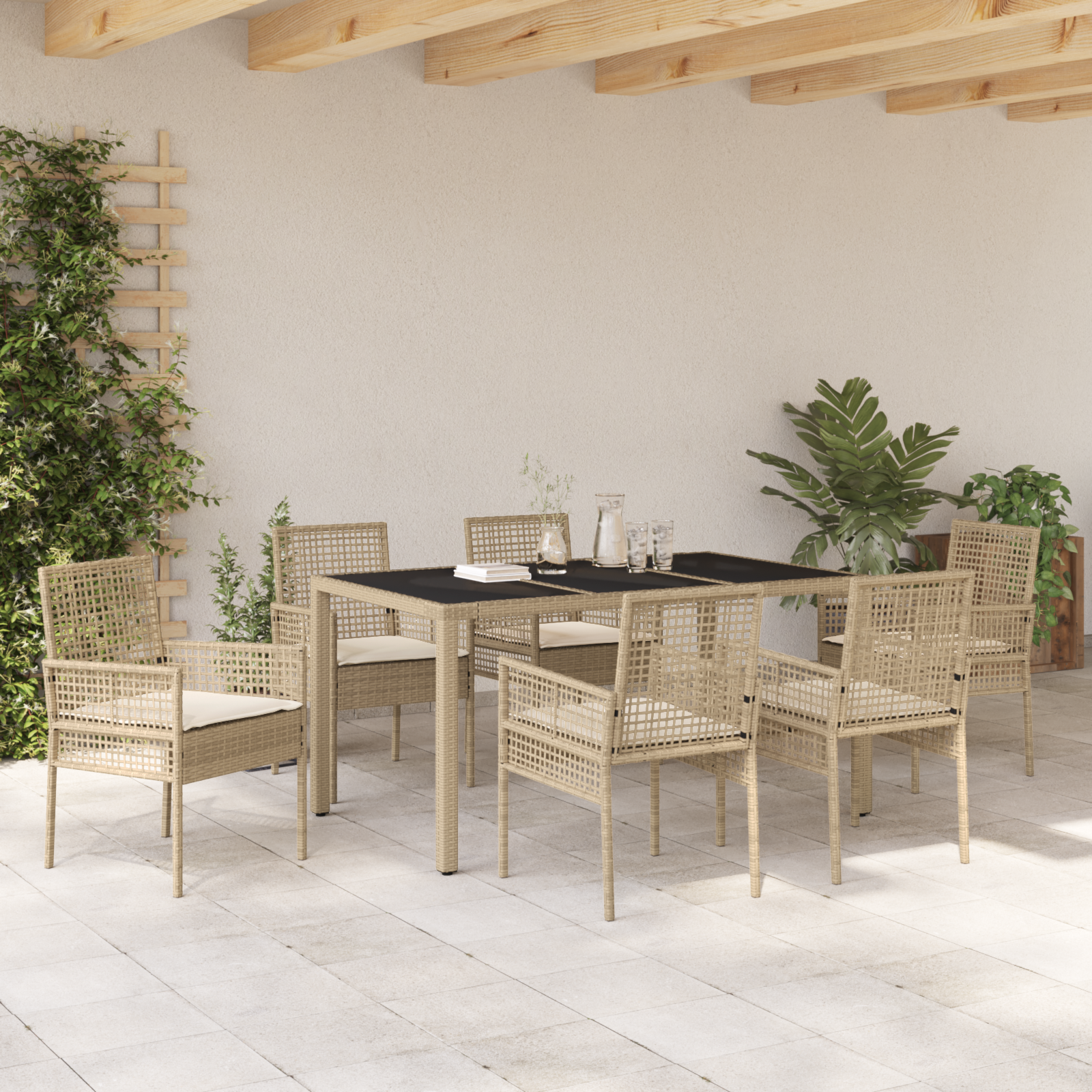 foto del prodotto set da pranzo da giardino 7 pezzi con cuscini beige in polyrattan