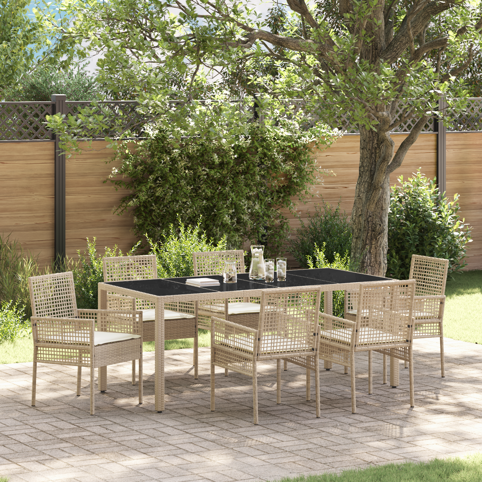 foto del prodotto set da pranzo da giardino 7 pezzi con cuscini beige in polyrattan