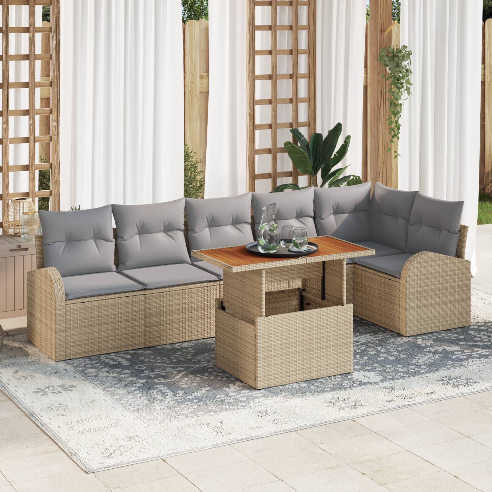 foto del prodotto set da pranzo da giardino 7 pezzi con cuscini beige rattan polietilene acacia