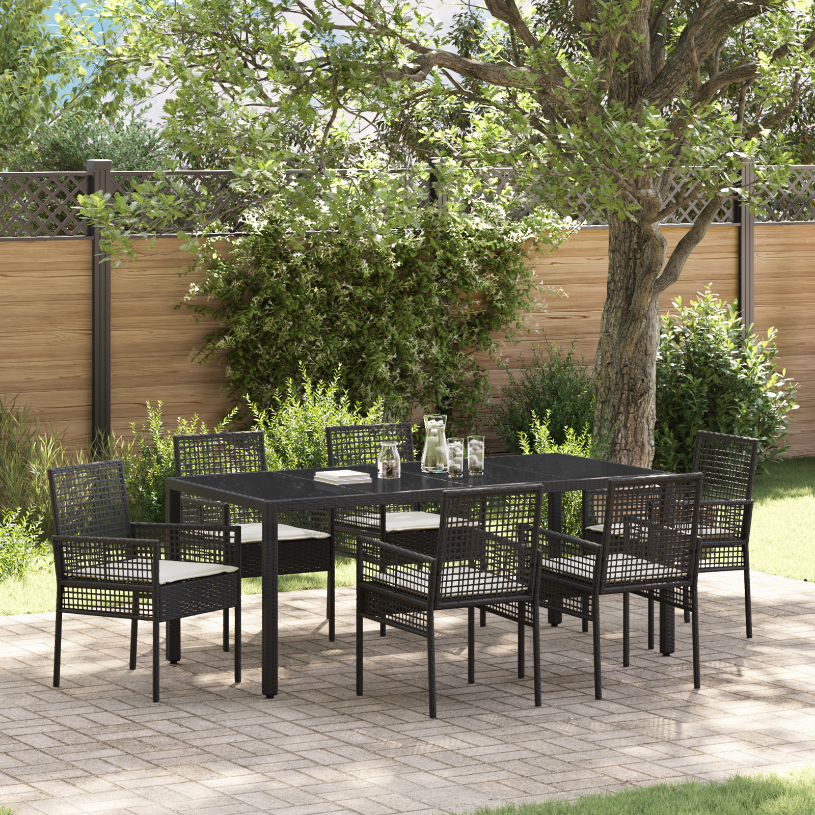 foto del prodotto set da pranzo da giardino 7 pezzi con cuscini rattan nero