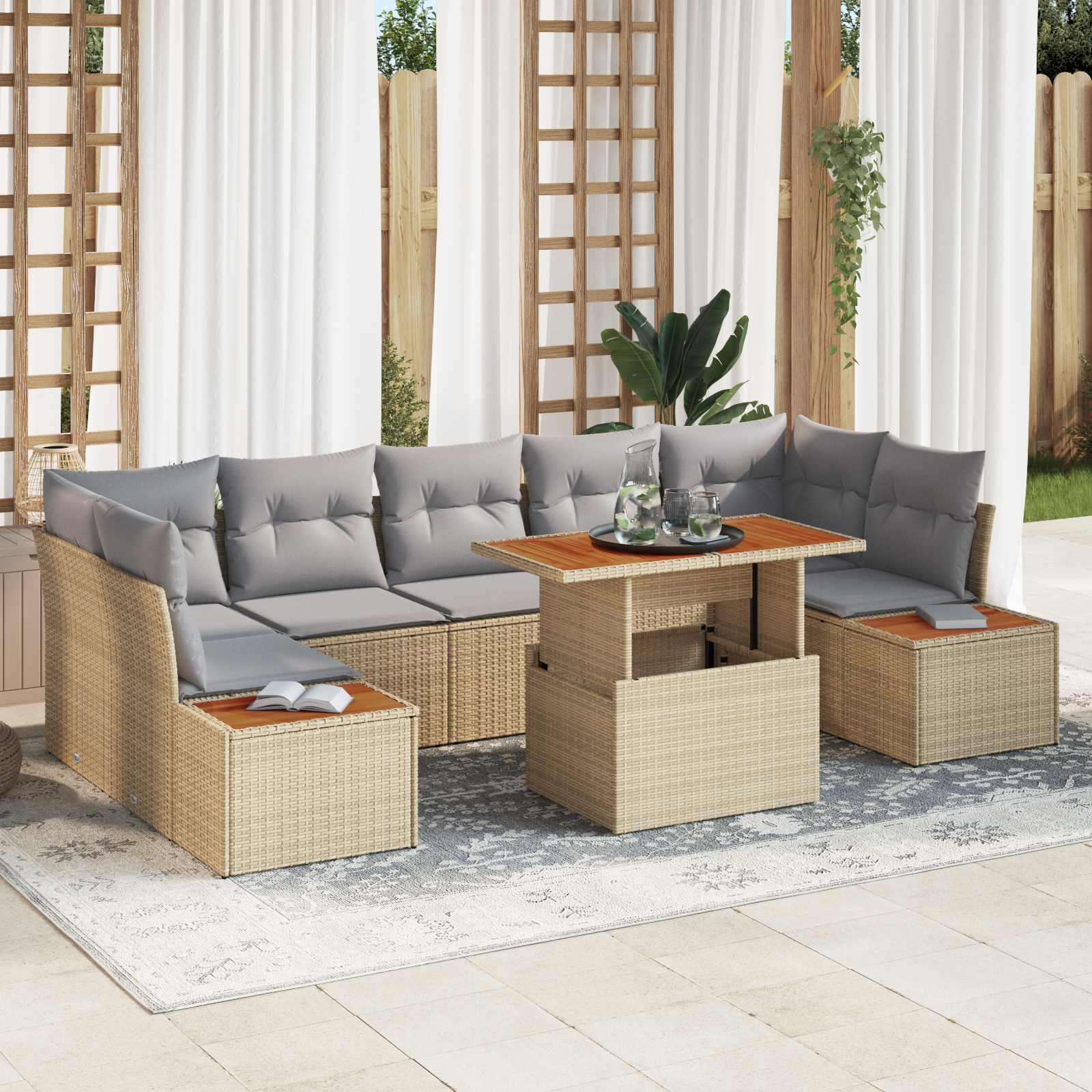 foto del prodotto set da pranzo da giardino 8 pezzi con cuscini beige in polirattan e acacia