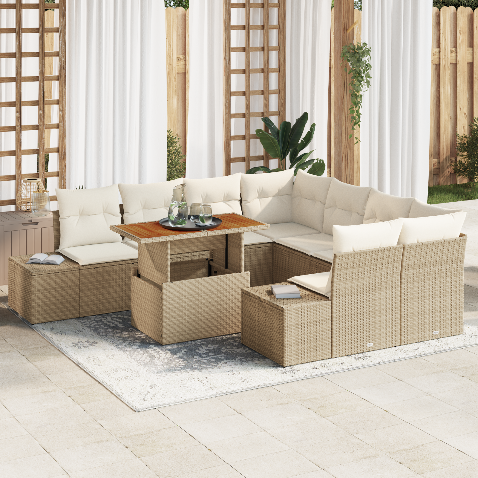 foto del prodotto set da pranzo da giardino 9 pezzi con cuscini beige in polirattan e acacia