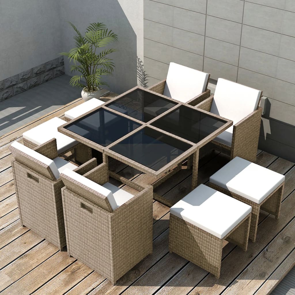foto del prodotto set da pranzo da giardino 9 pz con cuscini in polyrattan beige cod mxl 35052