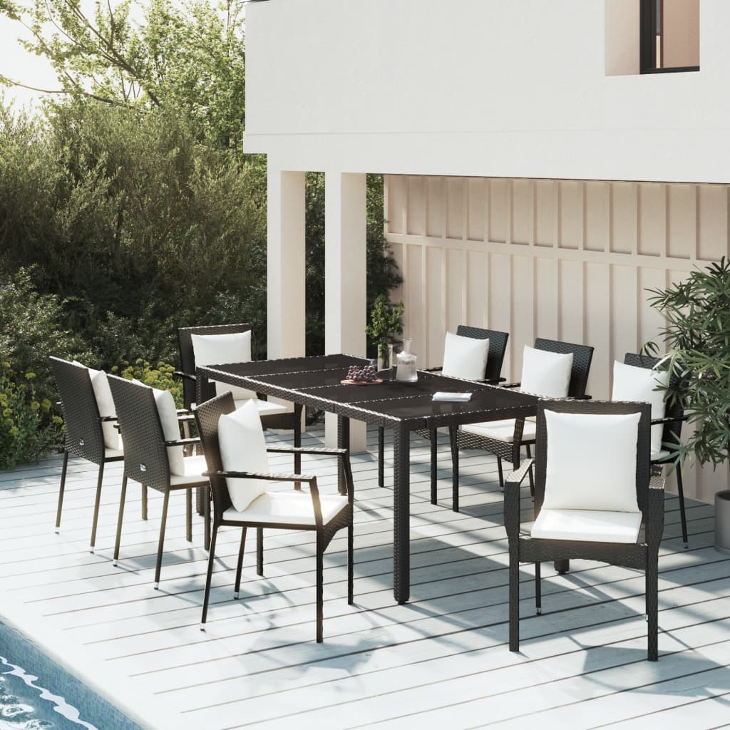 foto del prodotto set da pranzo da giardino 9 pz con cuscini nero in polyrattan