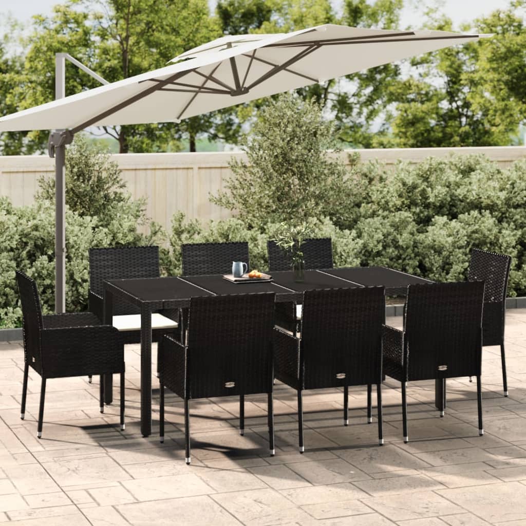 foto del prodotto set da pranzo da giardino 9 pz con cuscini nero in polyrattan