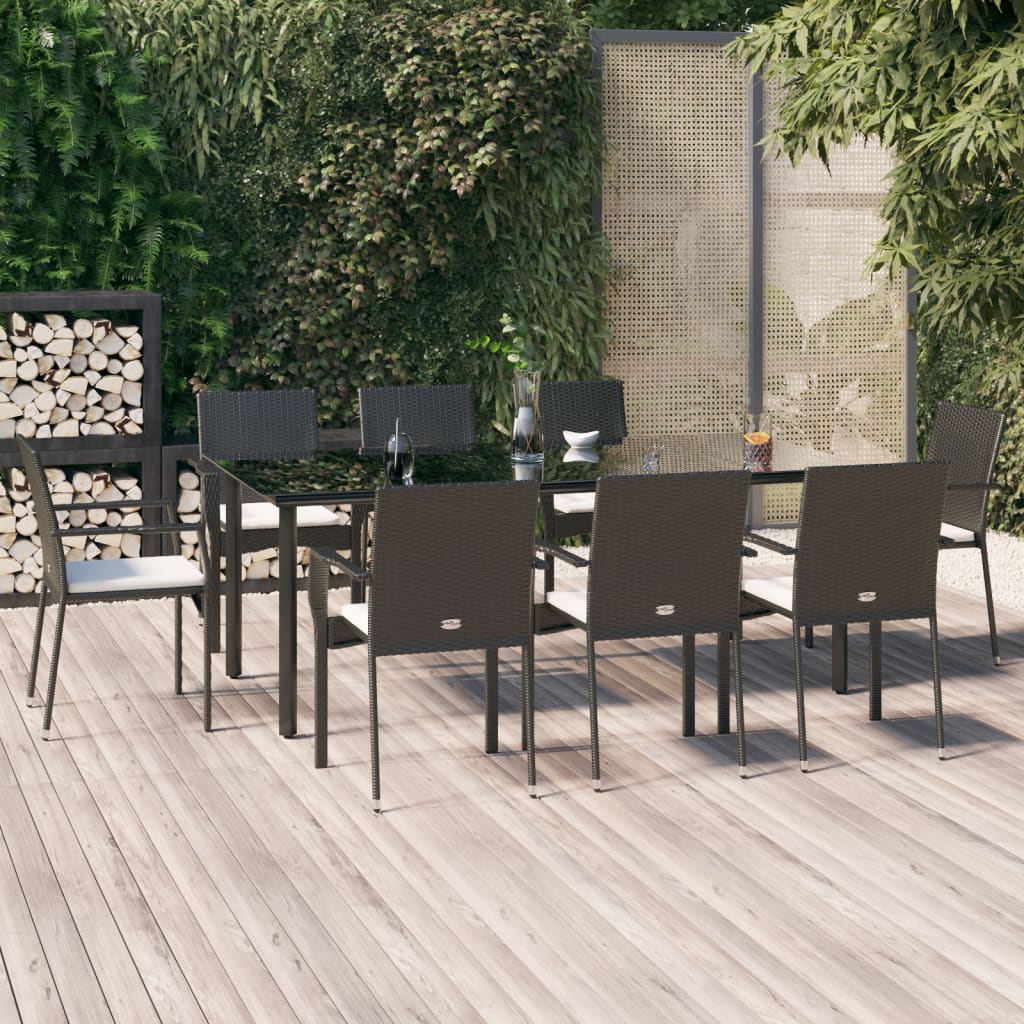 foto del prodotto set da pranzo da giardino 9 pz con cuscini nero in polyrattan